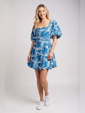 Blue Leaf Print Bubble Hem Puff Sleeve Short Dress
